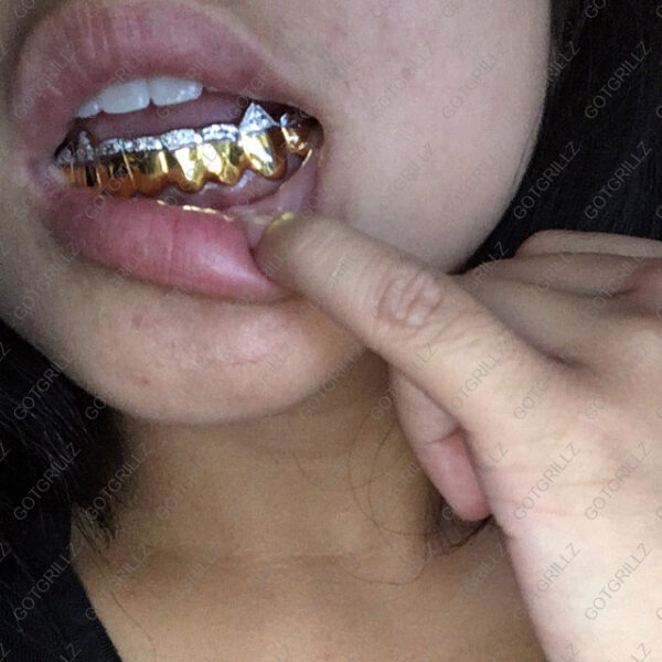 Yellow and White Gold K9 Fangs Tipped Diamond Dust Cuts Grillz - GotGrillz