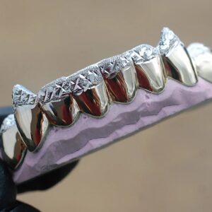 Yellow and White Gold K9 Fangs Tipped Diamond Dust Cuts Grillz - GotGrillz