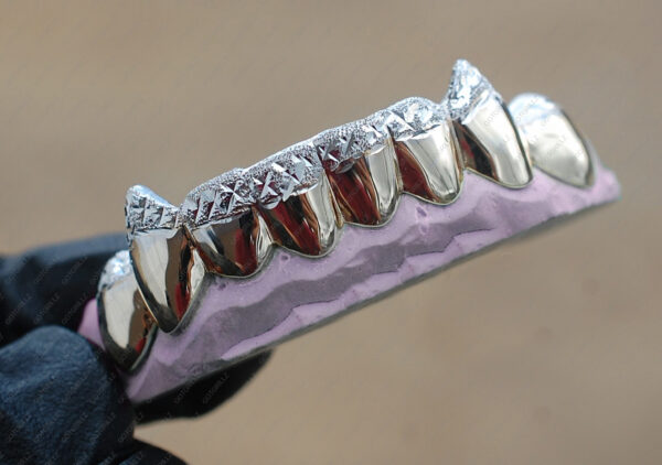 Yellow and White Gold K9 Fangs Tipped Diamond Dust Cuts Grillz - GotGrillz