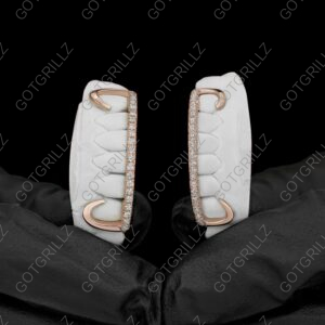 Rose Gold J Hook Style Iced Diamond Bar Bottom Grillz - GotGrillz