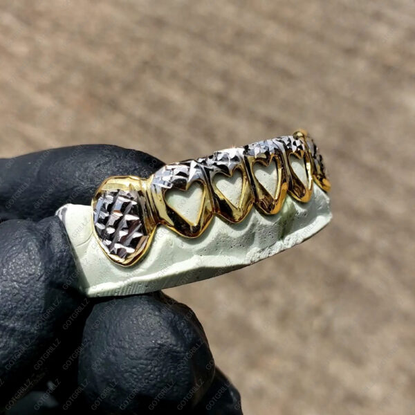 Yellow and White Gold Heart Open Face Diamond Cut Grillz - GotGrillz