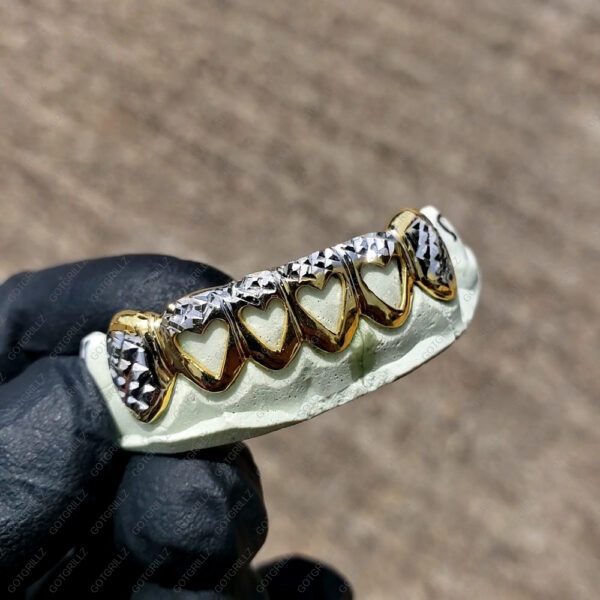 Yellow and White Gold Heart Open Face Diamond Cut Grillz