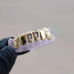 Yellow Gold Diamond Cut K9’s & Tips Open Face Grillz - GotGrillz