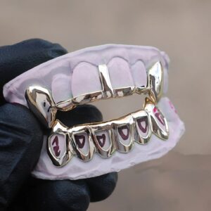 Yellow Gold Gap Bar Grillz K9 Fangs and Bottom Open Face Grillz - GotGrillz