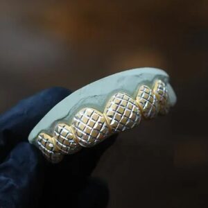 Yellow Gold White Diamond Cuts Satin Grillz - GotGrillz