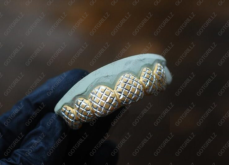 Yellow Gold White Diamond Cuts Satin Grillz - GotGrillz