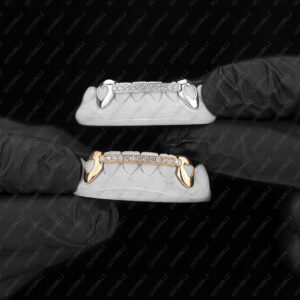 Yellow Gold K9 Hearts Center Diamond Bar Bottom Grillz - GotGrillz