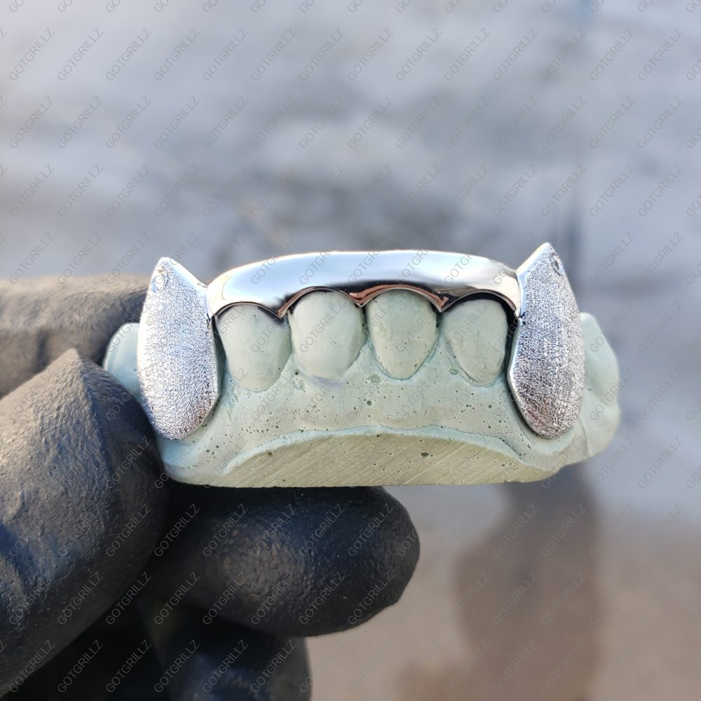White Gold K9 Fangs Diamond Dust with Stone Grillz | Buy Grillz