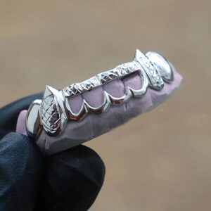 White Gold Diamond Cut K9 Fangz with Open Face Center Grillz - GotGrillz