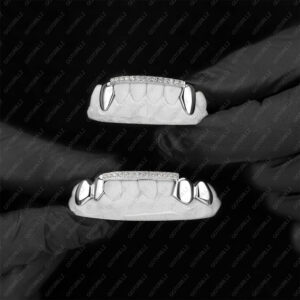 White Gold Solid K9 Top Diamond Bar Bottom Grillz - GotGrillz