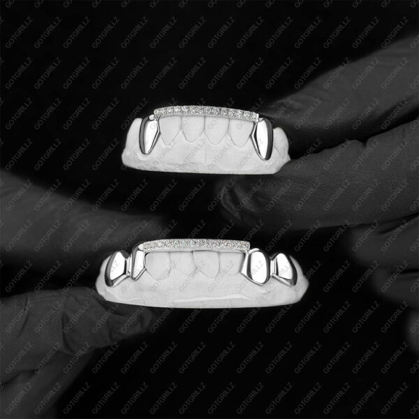 White Gold Solid K9 Top Diamond Bar Bottom Grillz - GotGrillz