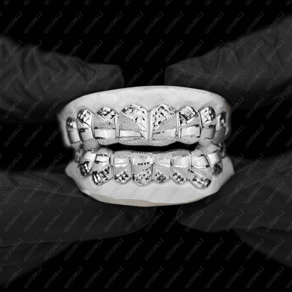 White Gold Diamond Dust Diamond Cut Polished Grillz - GotGrillz