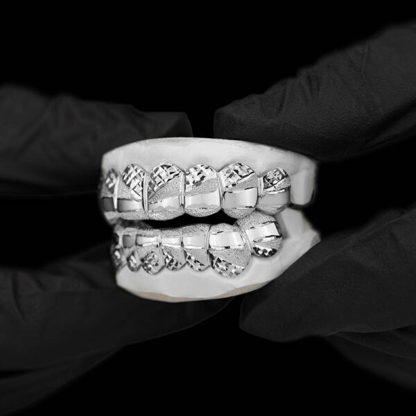White Gold Diamond Dust Diamond Cut Polished Grillz - GotGrillz
