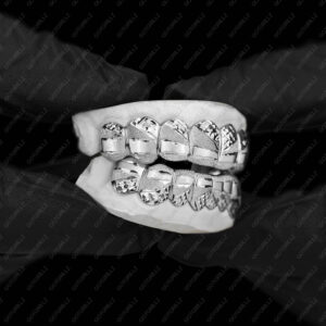 White Gold Diamond Dust Diamond Cut Polished Grillz - GotGrillz