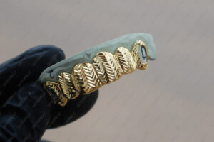 Yellow Gold Trillion Cuts with Open Face K9 Grillz - GotGrillz