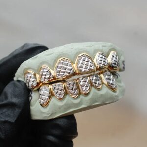 Yellow and White Gold Diamond Dust Cut Punchout Grillz - GotGrillz