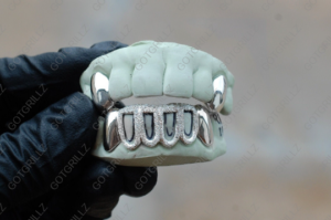 White Gold Diamond Dust Open Face K9 Top & Bottom Solid Grillz - GotGrillz