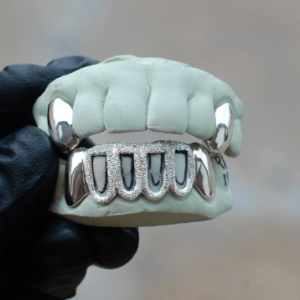 White Gold Diamond Dust Open Face K9 Top & Bottom Solid Grillz - GotGrillz