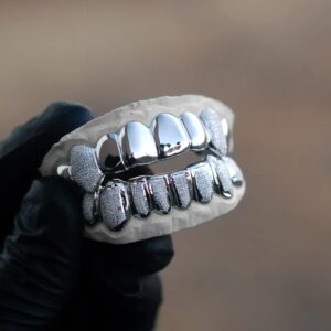 White Gold Diamond Dust K9 and Punchout Bottom Grillz - GotGrillz