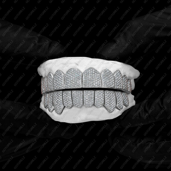 White Gold Handset Diamond Honeycomb Zig Zag Grillz - GotGrillz