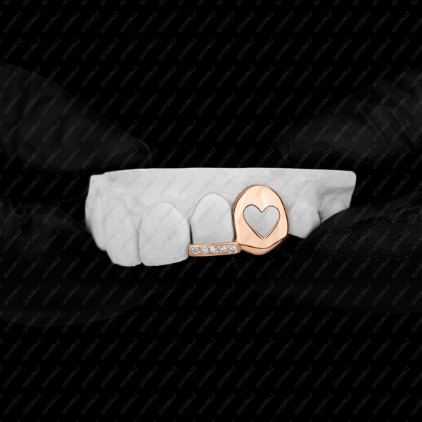 Rose Gold Double Cap Heart Cutout with Diamond Bottom Bar Grillz - GotGrillz