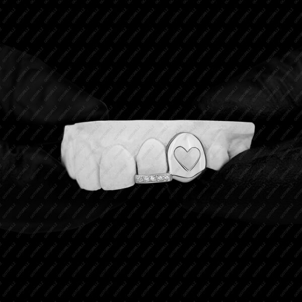 White Gold Double Cap Heart Cutout with Diamond Bottom Bar Grillz - GotGrillz