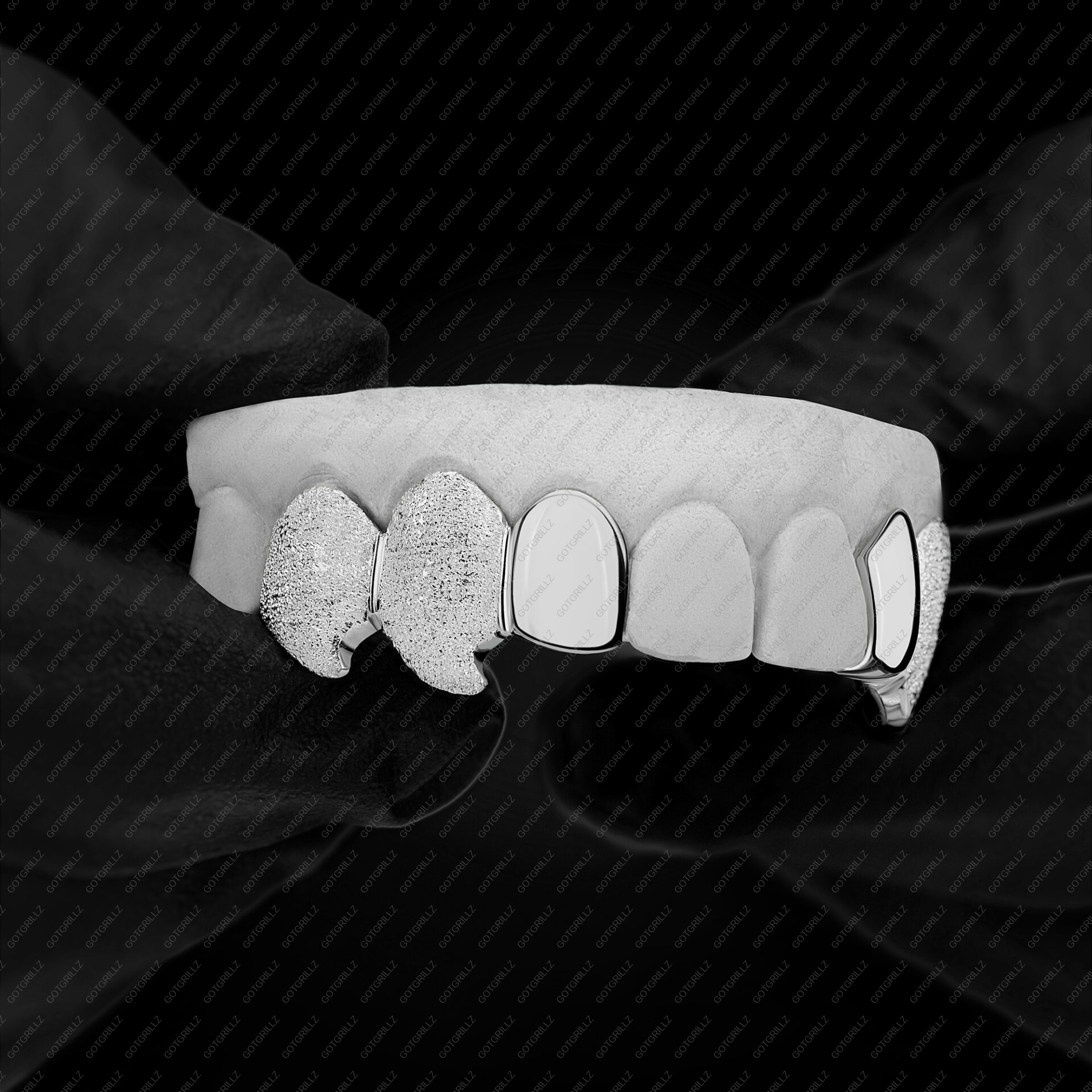White Gold Curved Wolf Fangs With Diamond Dust Top Grillz - GotGrillz