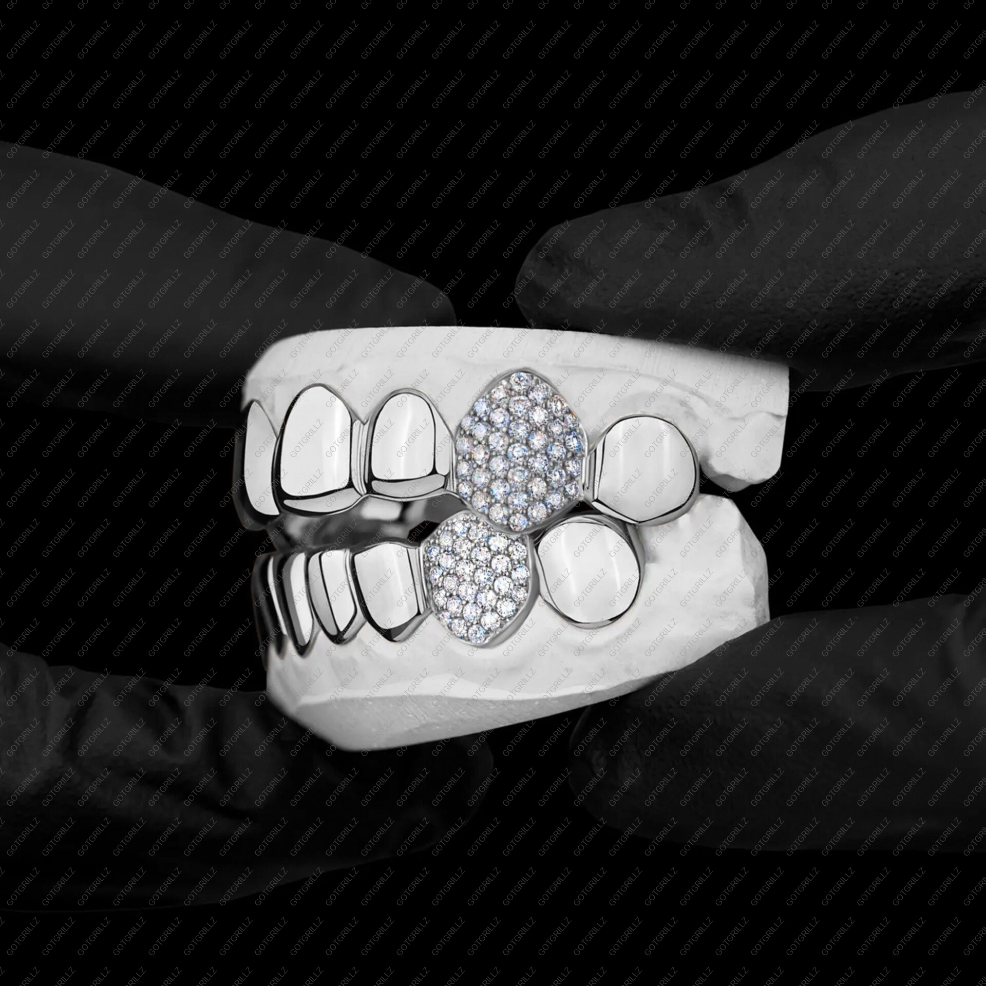 White Gold Classic Solid with Diamond K9 Fangs Grillz - GotGrillz