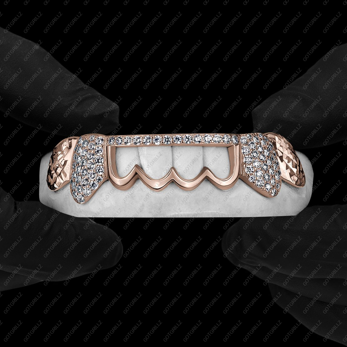 Rose Gold Diamond K9 and Top Bar with Outline and Diamond Cut Grillz - GotGrillz