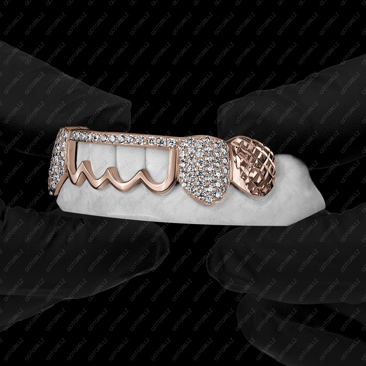 Rose Gold Diamond K9 and Top Bar with Outline and Diamond Cut Grillz - GotGrillz