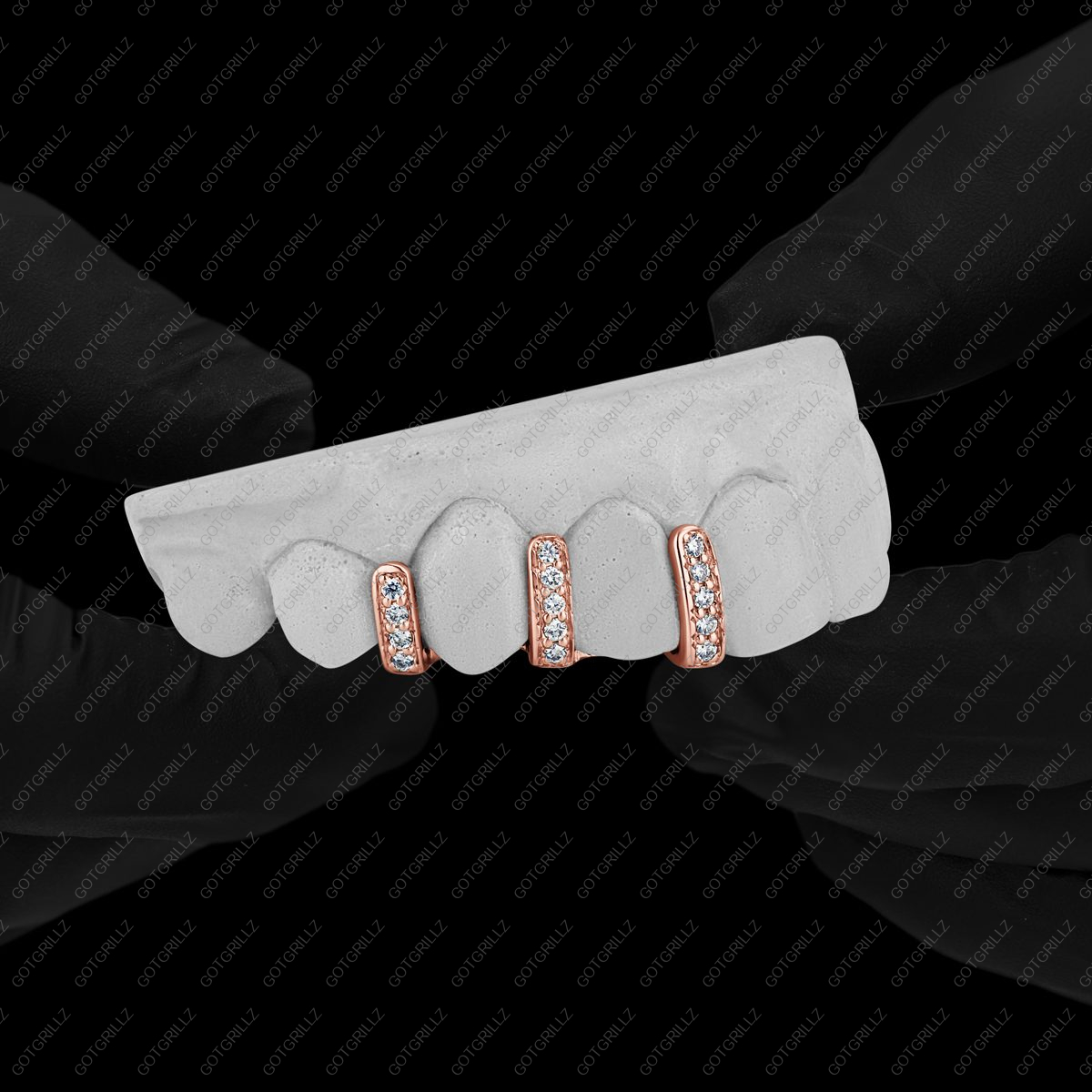Rose Gold Custom 3 piece Moissanite Gap Bar Grillz - GotGrillz