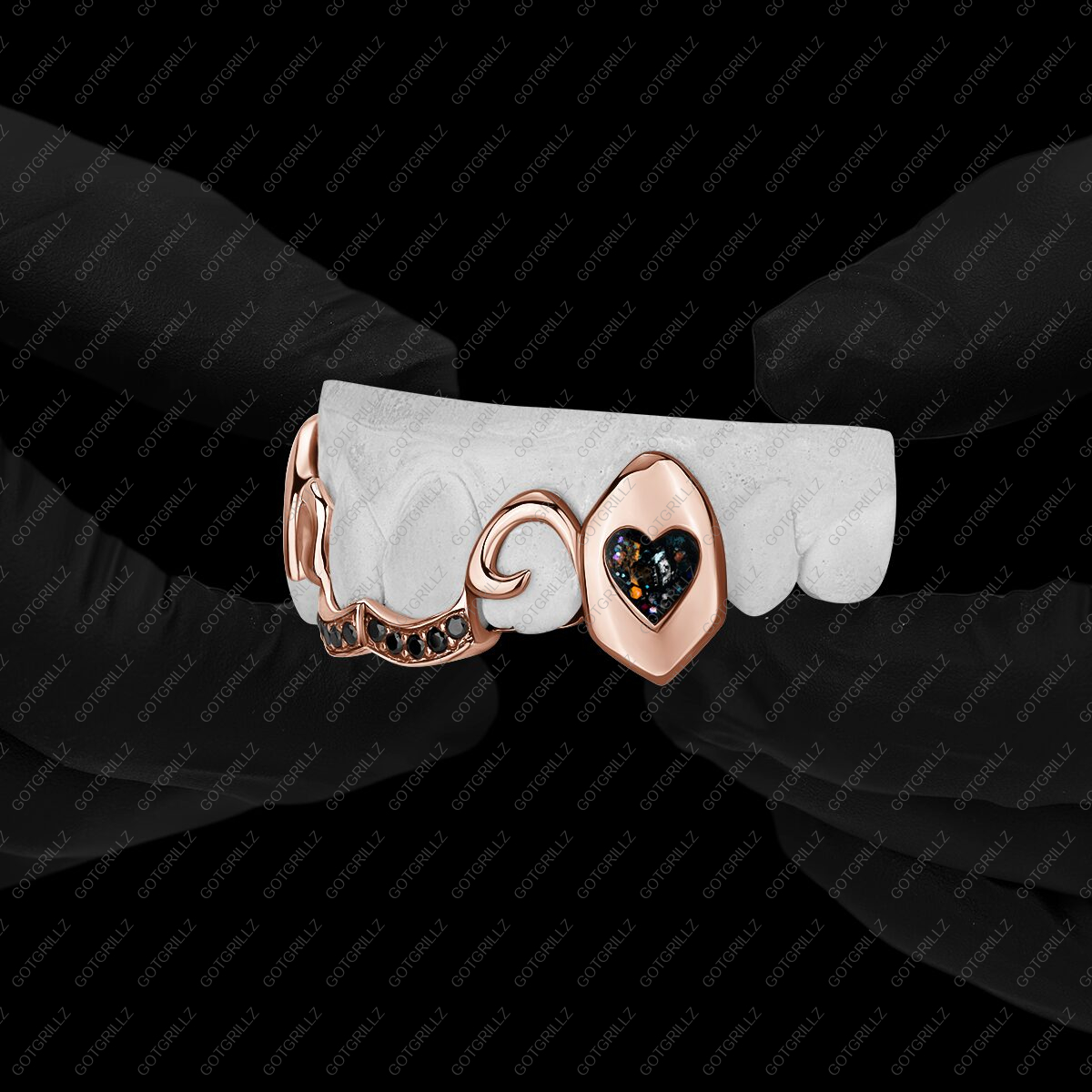 Rose Gold Sparkle Enamel Heart Extended Fangz with Outline and Black Moissanite Bottom Bar - GotGrillz