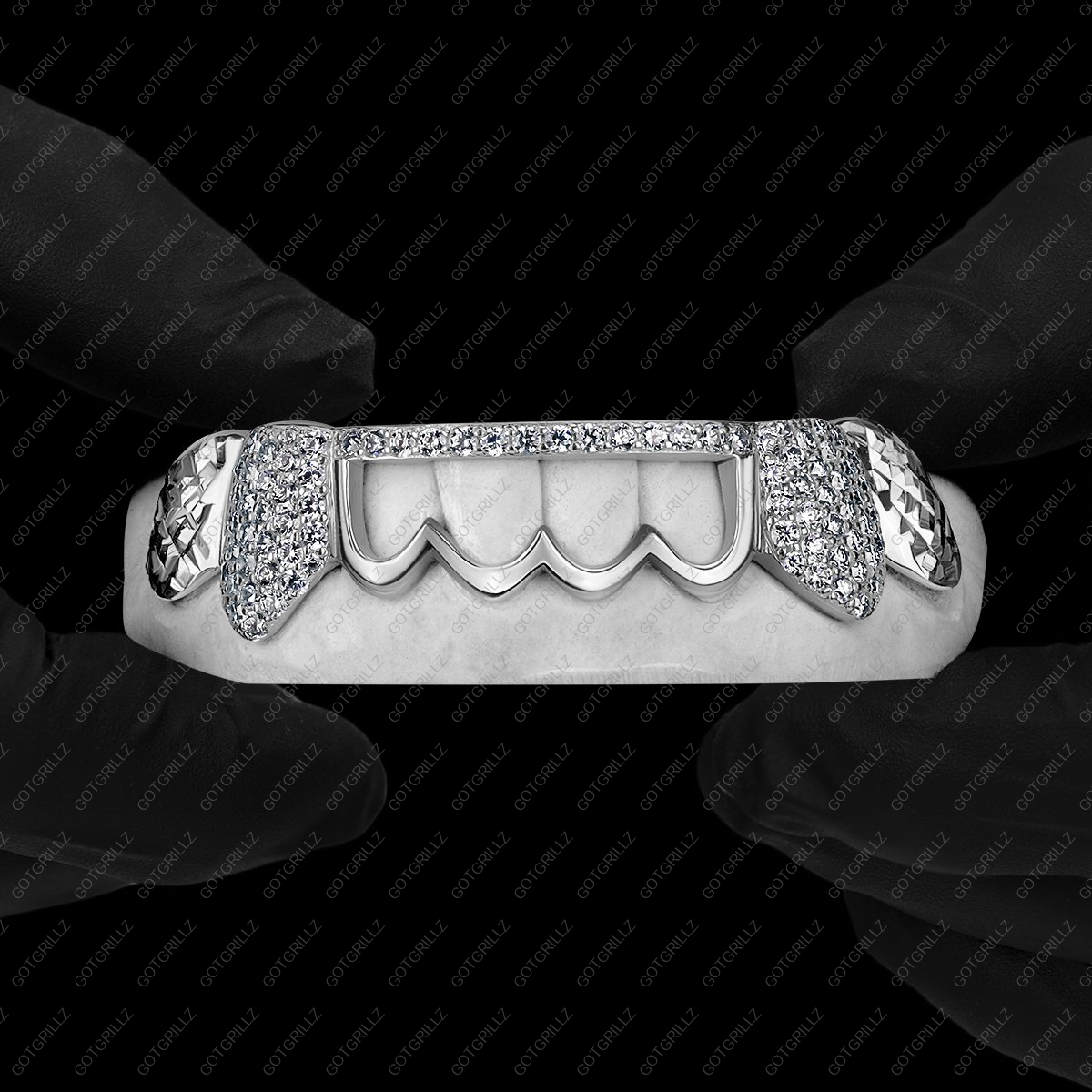 White Gold Diamond K9 and Top Bar with Outline and Diamond Cut Grillz - GotGrillz