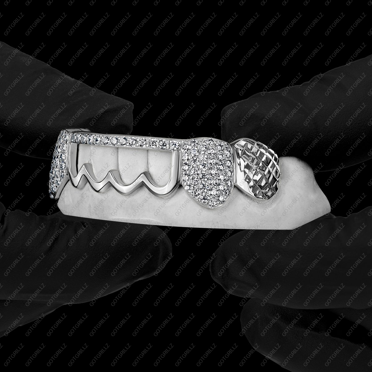 White Gold Diamond K9 and Top Bar with Outline and Diamond Cut Grillz - GotGrillz