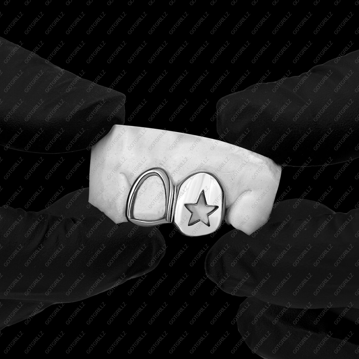 White Gold Star Cutout and Open Face Double Cap Grillz - GotGrillz
