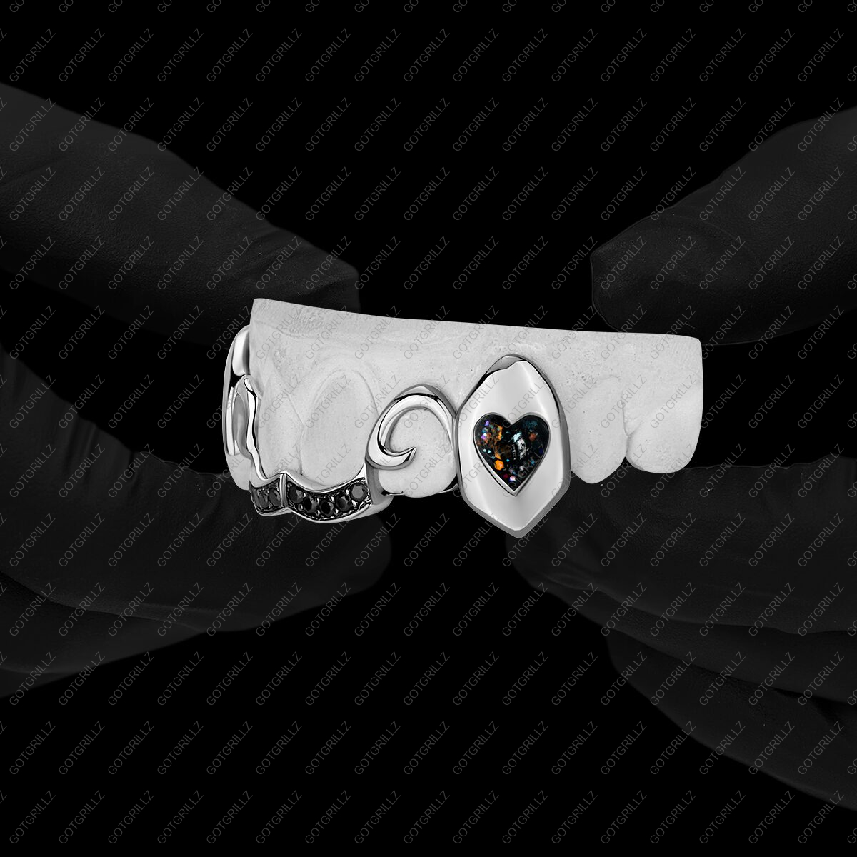 White Gold Sparkle Enamel Heart Extended Fangz - GotGrillz