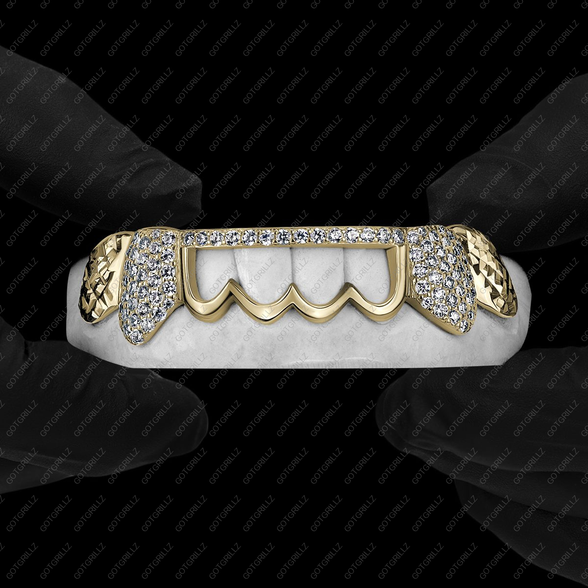 Yellow Gold Diamond K9 and Top Bar with Outline and Diamond Cut Grillz - GotGrillz