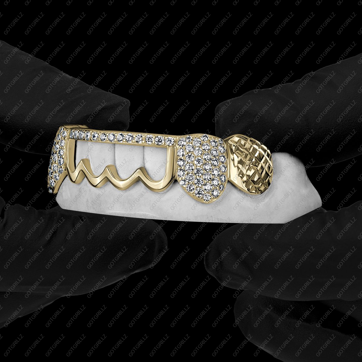 Yellow Gold Diamond K9 and Top Bar with Outline and Diamond Cut Grillz - GotGrillz