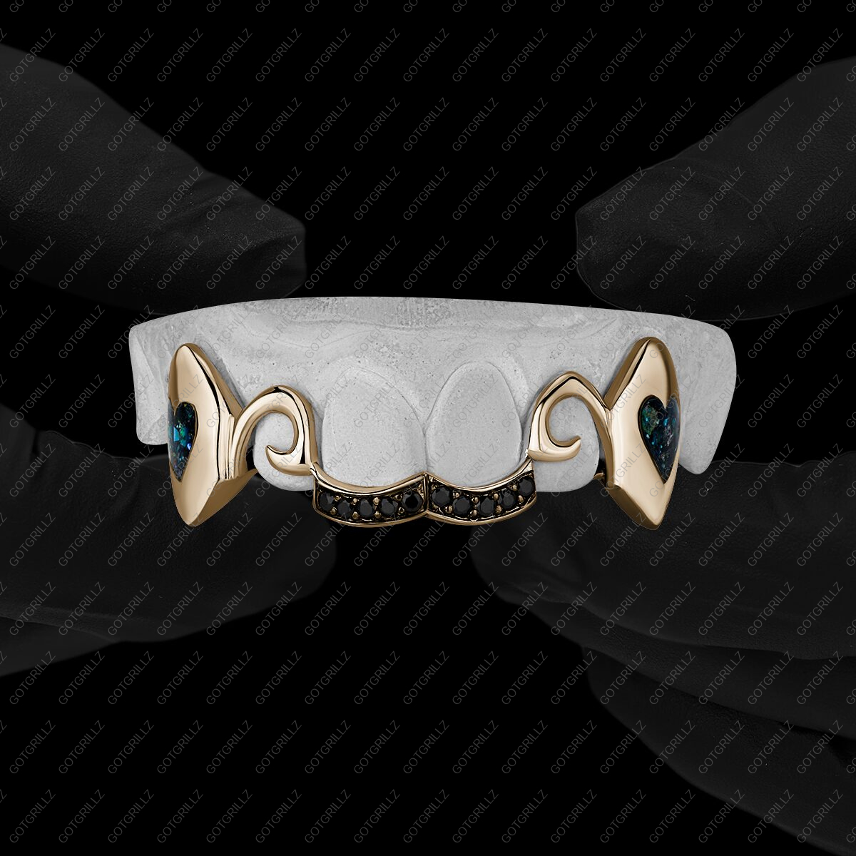 Yellow Gold Sparkle Enamel Heart Extended Fangz - GotGrillz