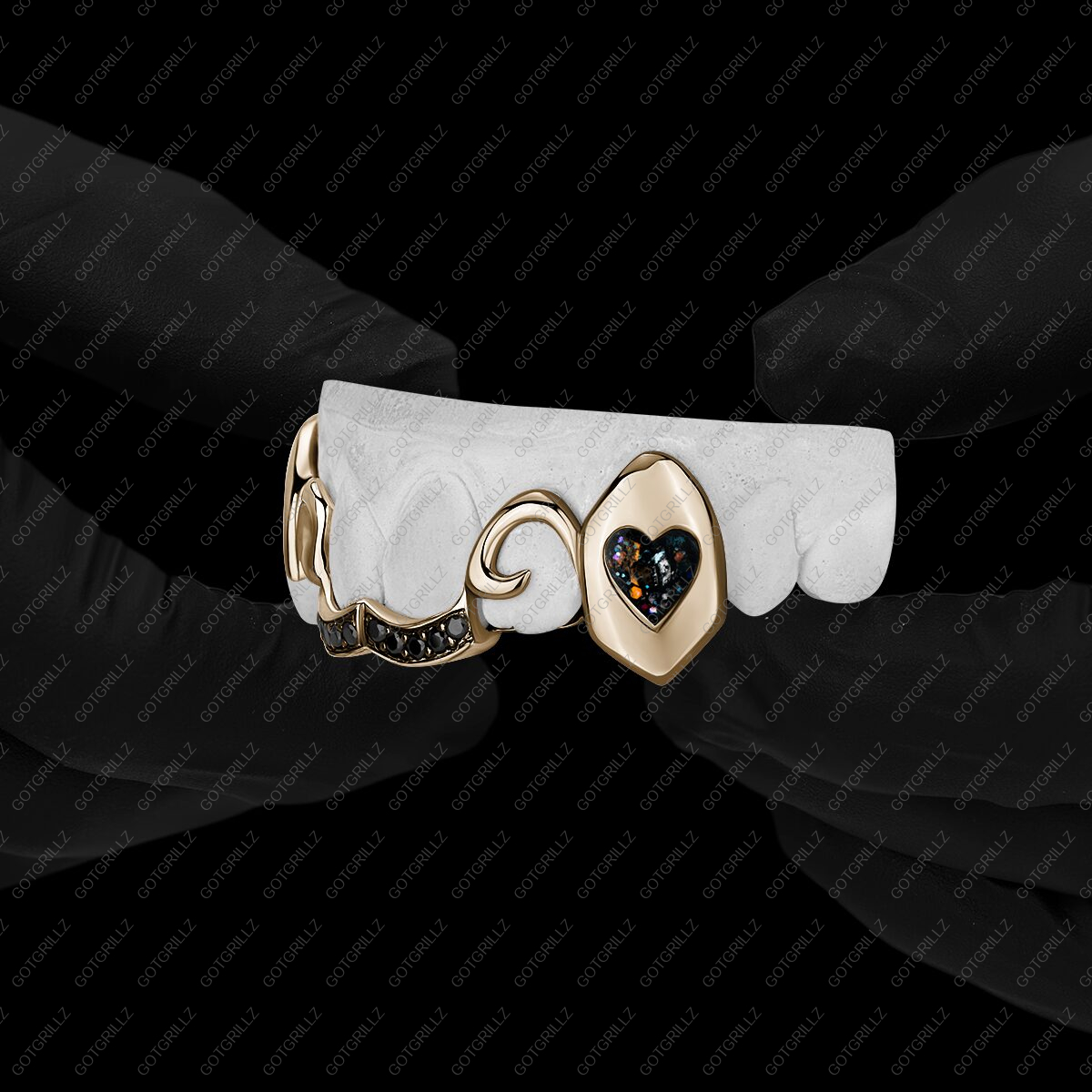Yellow Gold Sparkle Enamel Heart Extended Fangz - GotGrillz