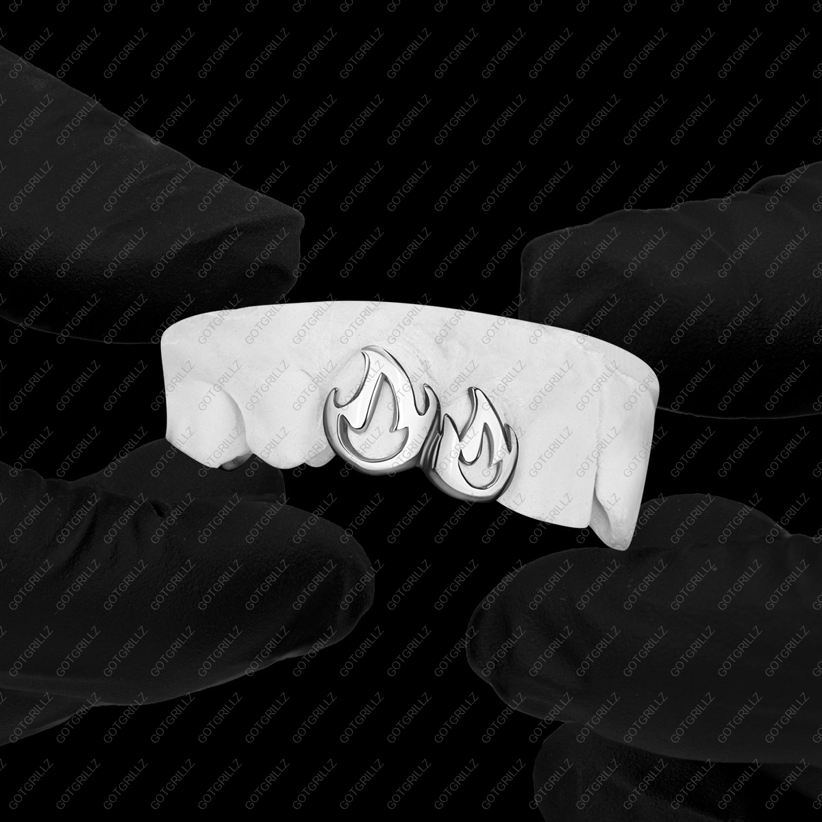 White Gold Open Face Flame Double Cap Grillz - GotGrillz