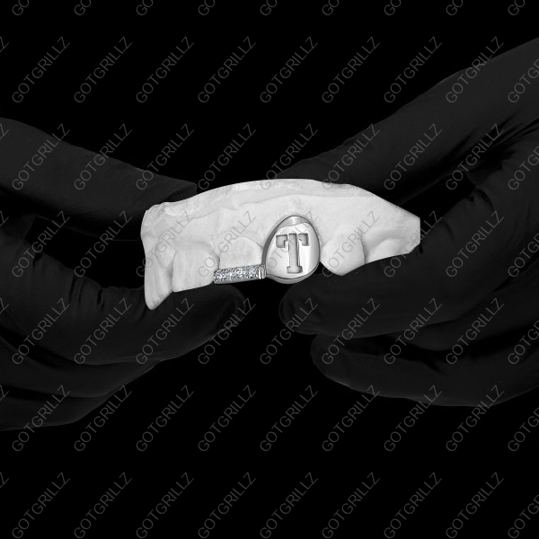 White Gold K9 Design Cutout and Diamond Bottom Bar - GotGrillz