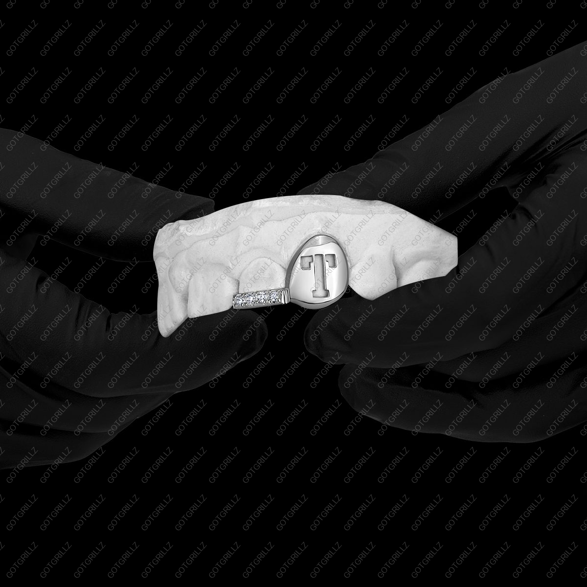 White Gold K9 Design Cutout and Diamond Bottom Bar - GotGrillz