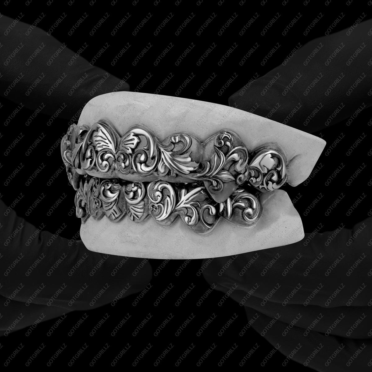 White Gold Polished Victorian Floral Grillz