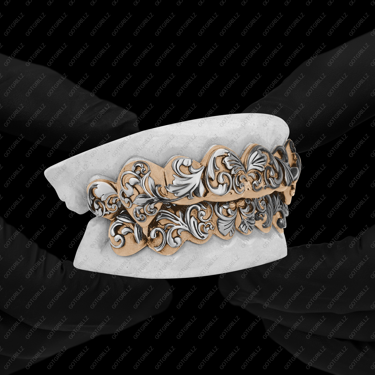 Yellow and White Gold Two Tone Polished Victorian Floral Pattern Grillz