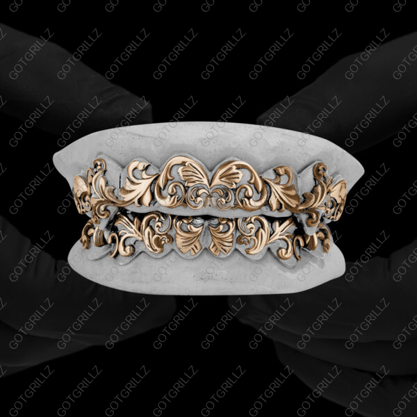 Yellow and White Gold Two Tone Polished Victorian Floral Pattern Grillz