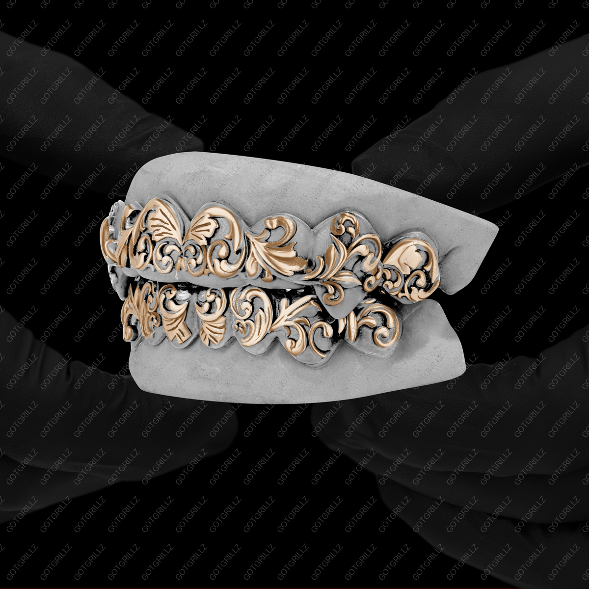 Yellow and White Gold Two Tone Polished Victorian Floral Pattern Grillz