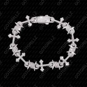 Silver Moissanite Cross and Barbwire Bracelet