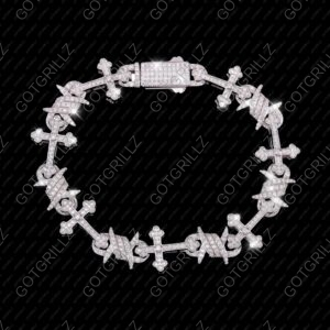 Silver Moissanite Cross and Barbwire Bracelet - GotGrillz