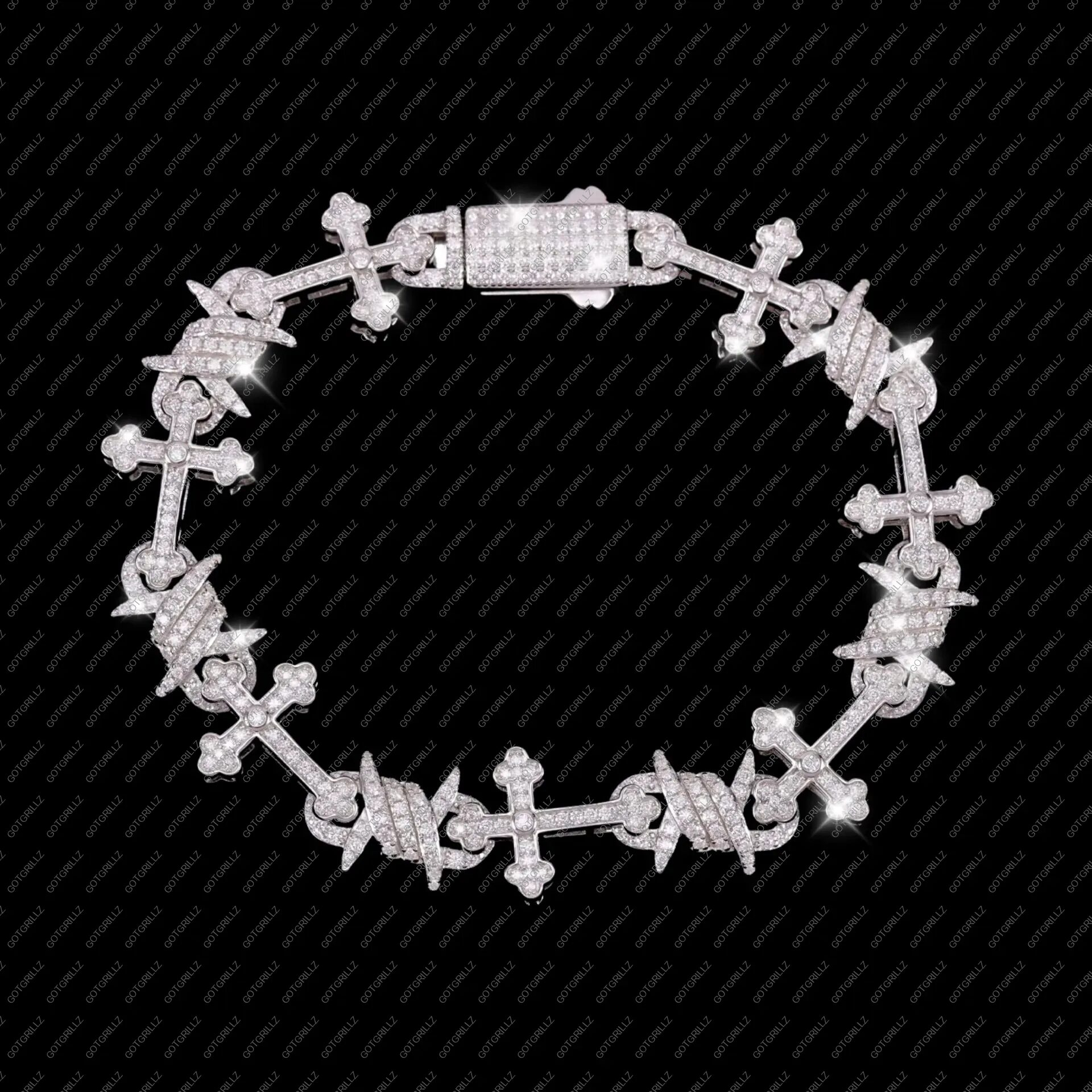 Silver Moissanite Cross and Barbwire Bracelet - GotGrillz
